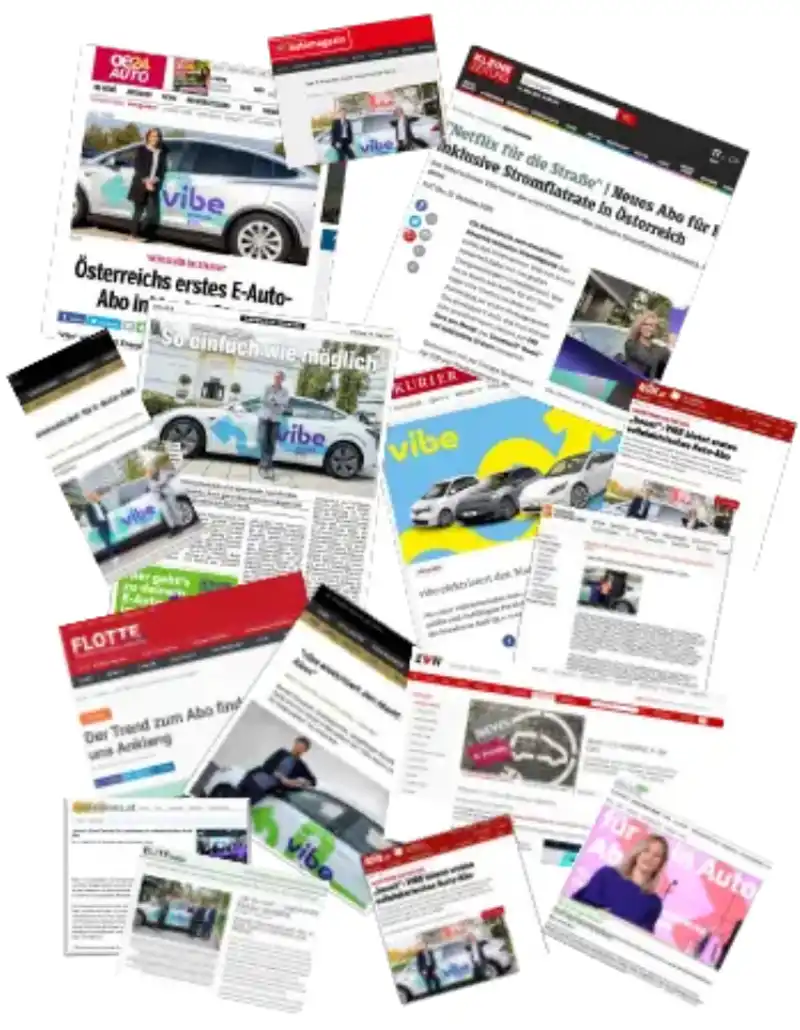 Collage aus verschiedenen Presseartikeln und Online-Berichten über vibe E-Auto Abo, mit Bildern von gebrandeten E-Autos und Medienlogos.