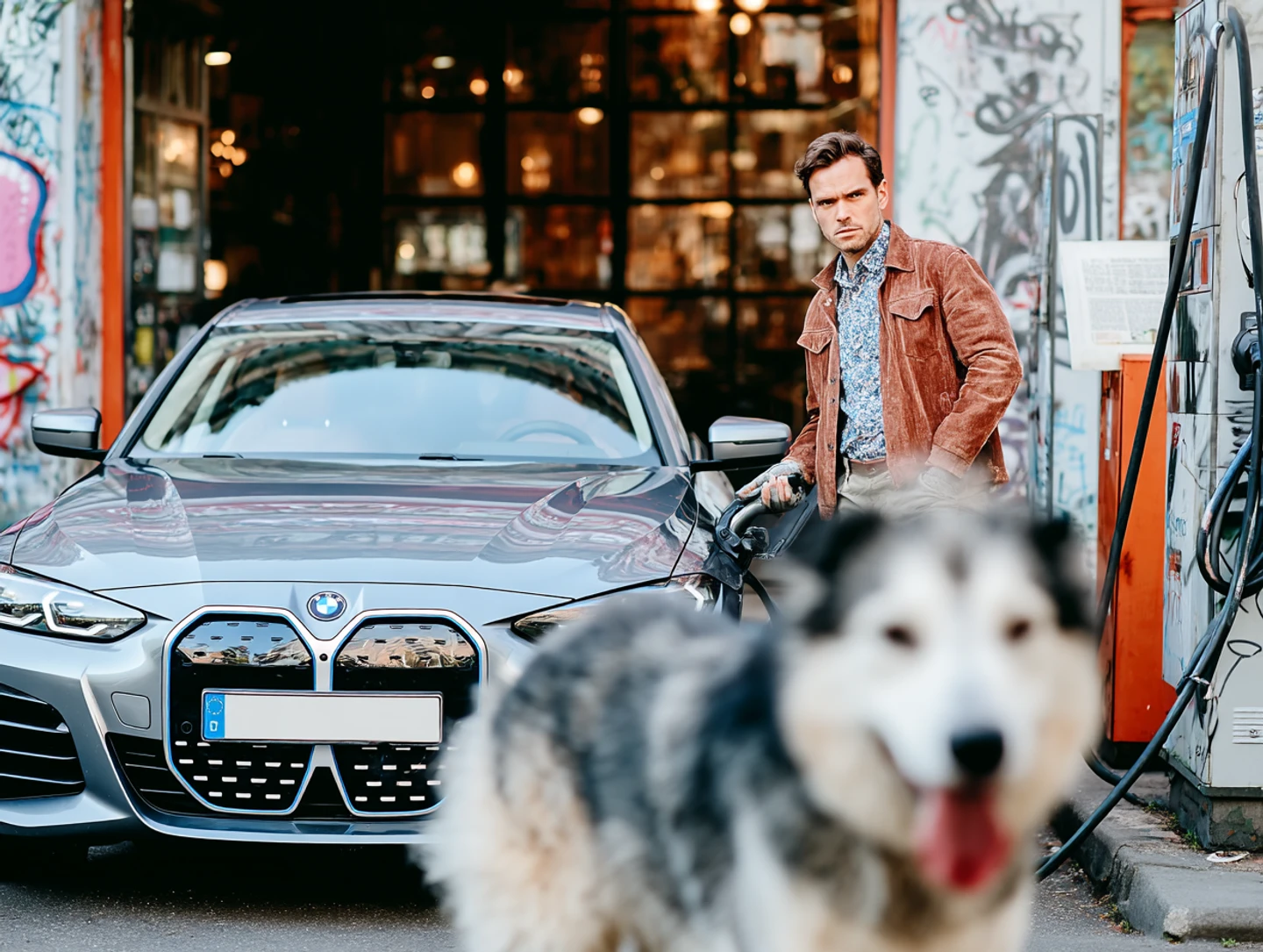 Mann steht an einer Ladesäule neben einem silbernen E-Auto, im Vordergrund ist ein Hund unscharf zu sehen.