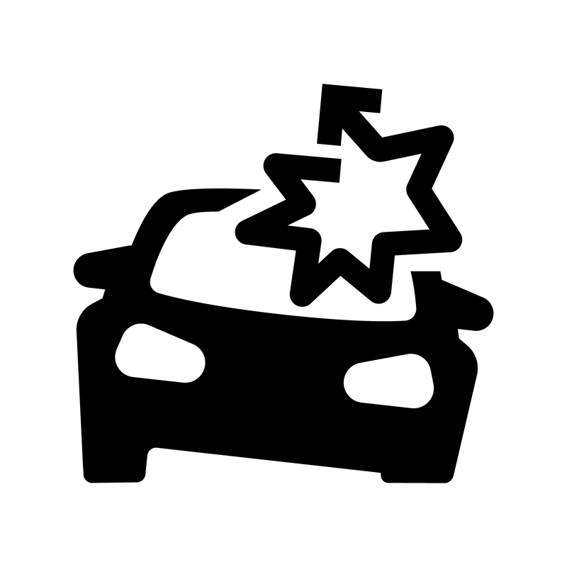 Schwarzes Symbol eines Autos mit Aufprallstern und Pfeil nach oben