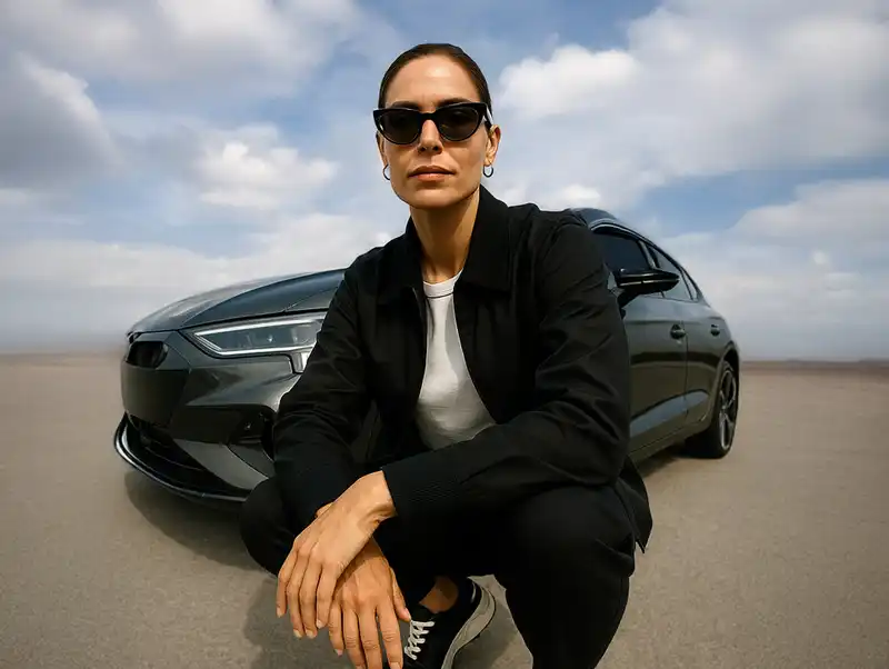 Frau in schwarzem Outfit sitzt vor einem dunklen E-Auto auf einer offenen Fläche unter blauem Himmel.