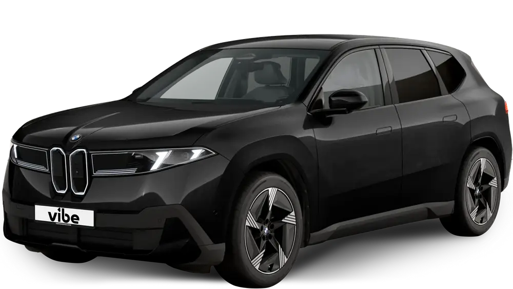 Schwarzer BMW iX3 neue Klasse mit vibe Kennzeichen, freigestellt vor transparentem Hintergrund.