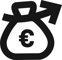 Schwarzes Symbol eines Geldbeutels mit Eurozeichen und Pfeil nach oben