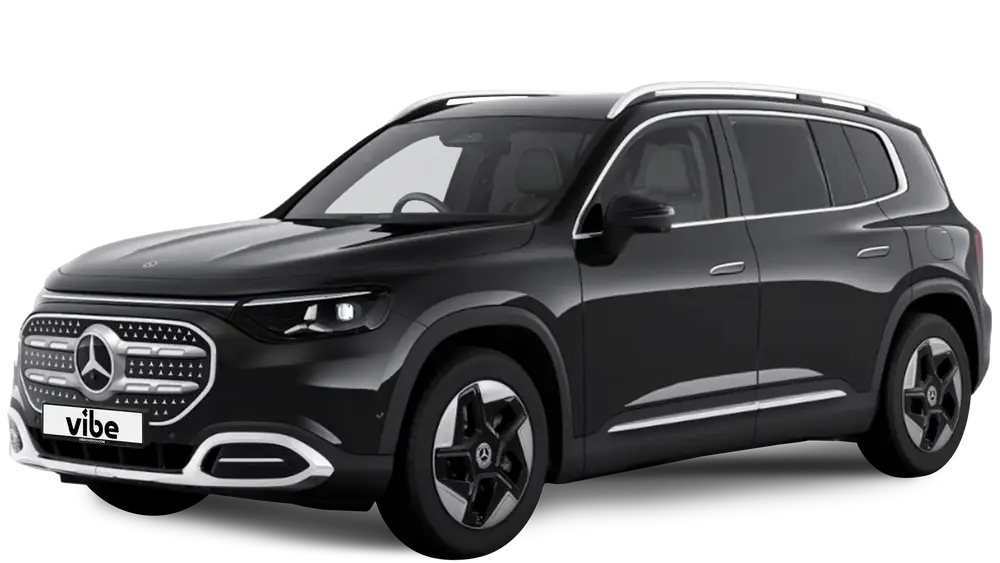 Mercedes-Benz GLB 250+ E-Auto in Metalliclack Kosmosschwarz mit vibe Kennzeichen, freigestellt vor transparentem Hintergrund.