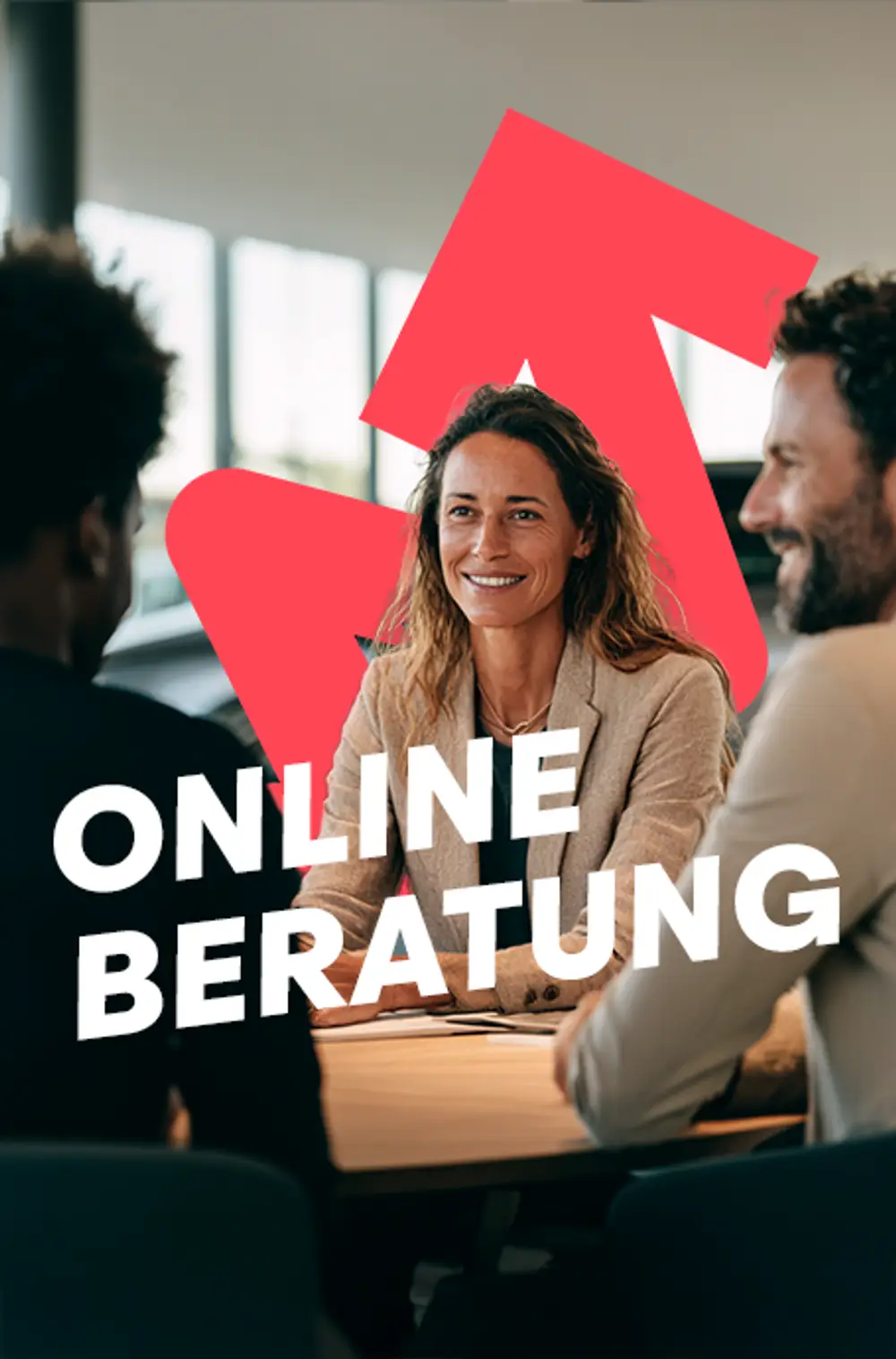 Grafik mit dem Text „ONLINE BERATUNG“ und einer Beratungsszene mit drei Personen